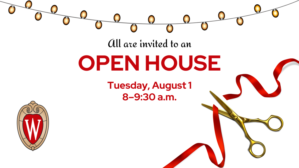 Text reads "All are invited to an Open House" above a ribbon being cut by a pair of scissors.