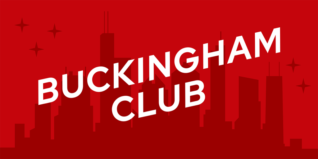 The words "Buckingham Club" in white across a red background with a graphic skyline