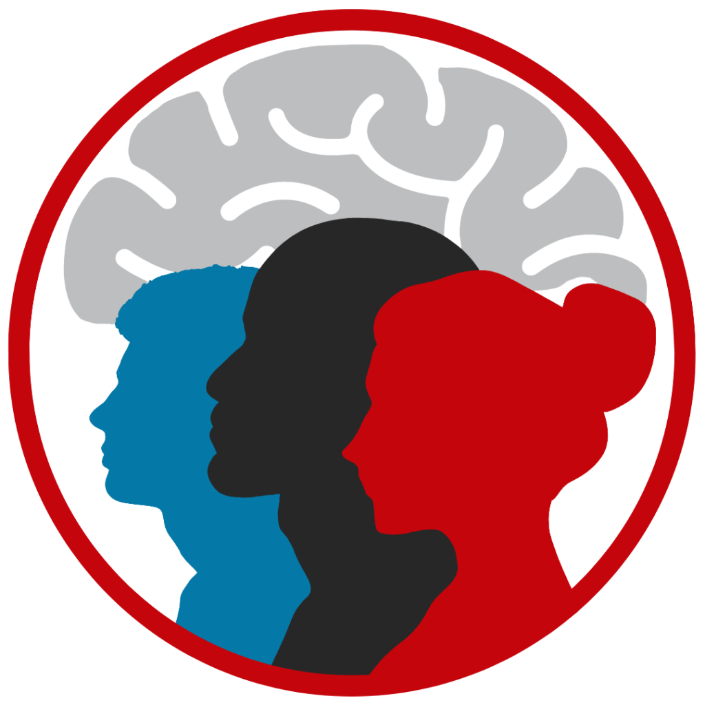 Graphic designed to promote the Fall Community Conversation. Three silhouettes inside a circle with an outline of a brain overhead.
