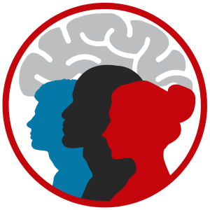 Graphic designed to promote the Fall Community Conversation. Three silhouettes inside a circle with an outline of a brain overhead.