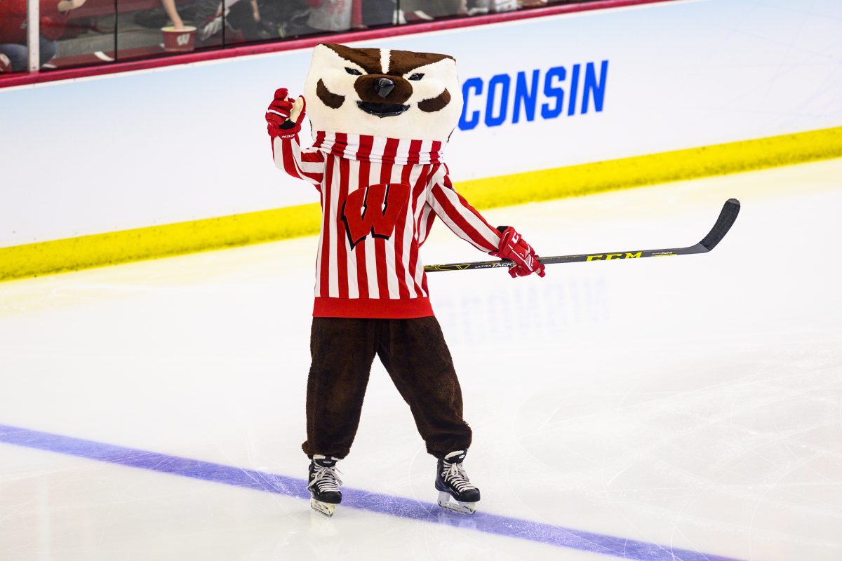 UW-Madison mascot Bucky Badger skates on the ice before the Wisconsin Badgers take on the Syracuse Orange during a NCAA women’s hockey quarterfinal championship game at the LaBahn Arena at the University of Wisconsin-Madison on March 16, 2019. Wisconsin won, 4-0, and advances to the NCAA Frozen Four in Connecticut. (Photo by Jeff Miller / UW-Madison)