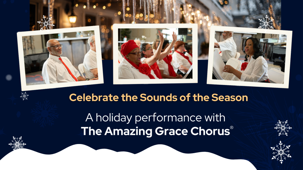 A festive promotional graphic featuring three photos of people dressed in white shirts with red accessories, seated and appearing to participate in a holiday performance. The background includes winter-themed decorations such as snowflakes and icicles. Text on the image reads: “Celebrate the Sounds of the Season. A holiday performance with The Amazing Grace Chorus®.”