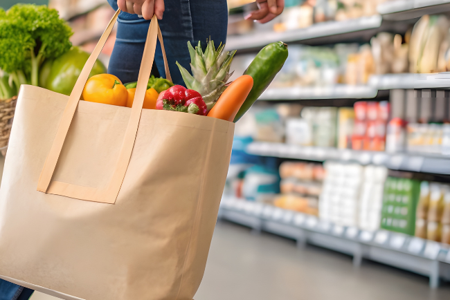 Reusable grocery bag with fresh vegetables and fruits in a supermarket